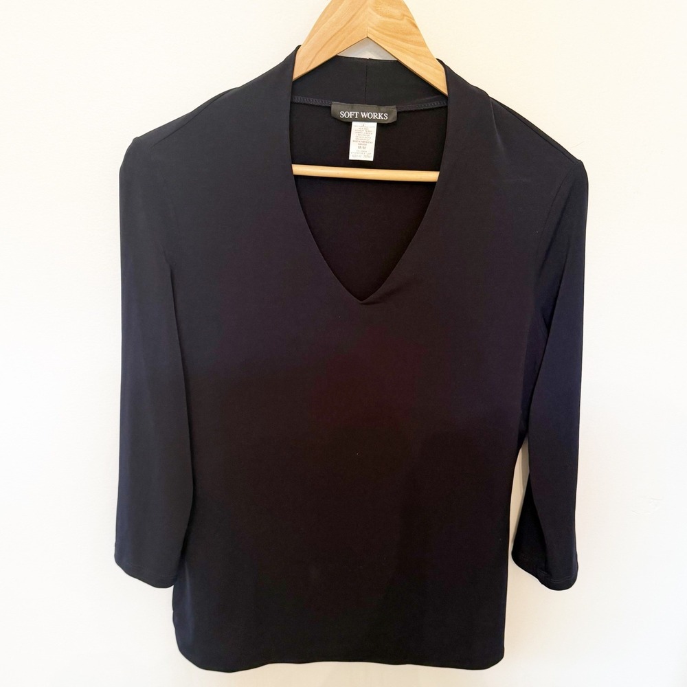 Soft Works V-Neck Top Womens Medium Blue 3/4 Sleeve 42200-46 Capsule Business